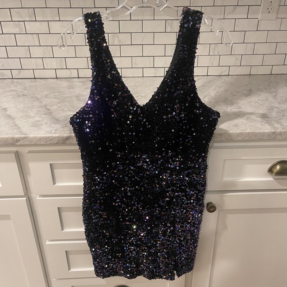 Midnight Doll Dress Juniors 7 Black Sequin Bodycon V Neck Mini Party Cocktail